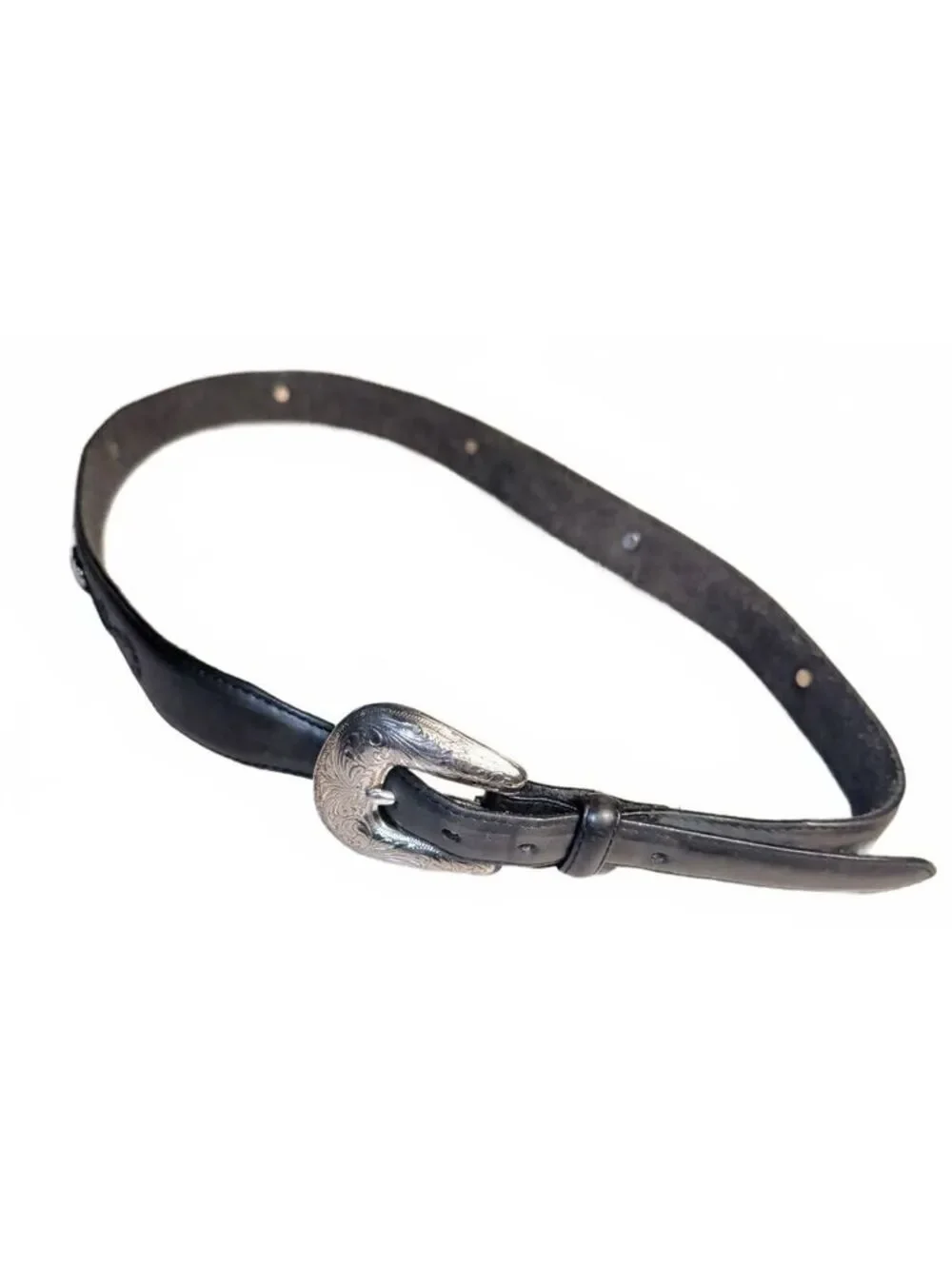 Tory Lama Black Leather Belt Silver Hearts Buckle Womens Size 34 7597L Western
